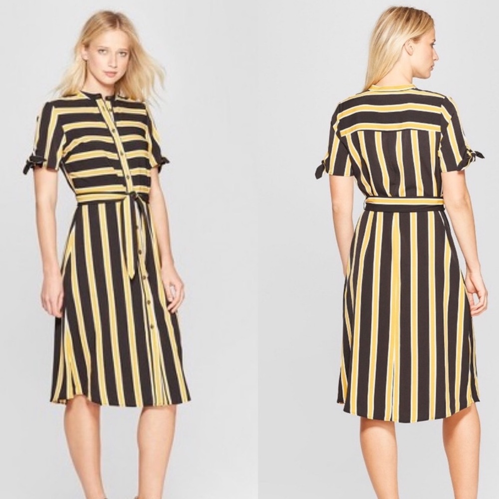Who What Wear Women’s Black and Yellow Striped Midi Dress, size Small